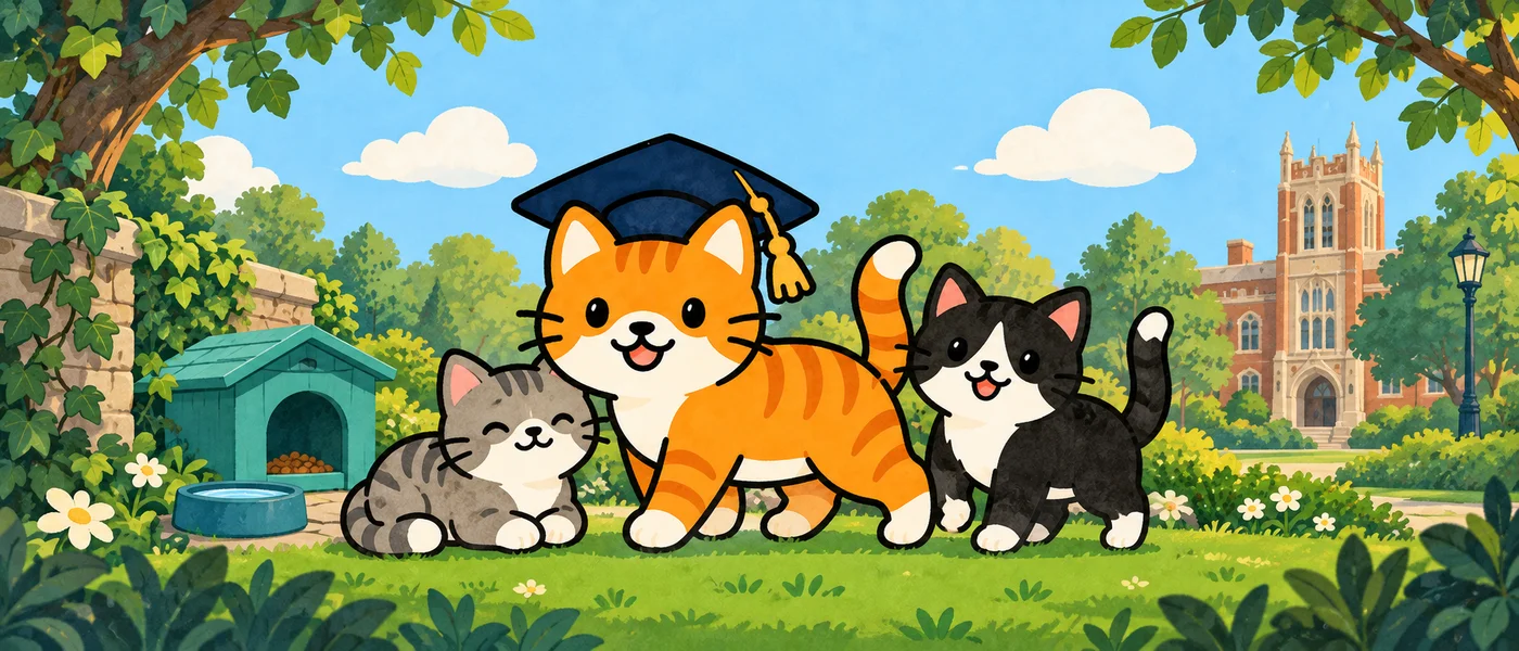The Campus Cats orange tabby mascot with two feline friends beside a feeding station on a leafy campus.